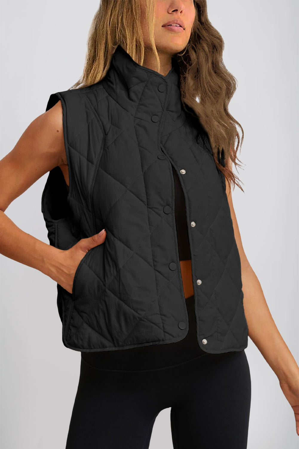 Snap Down Texture Vest Coat with Pockets