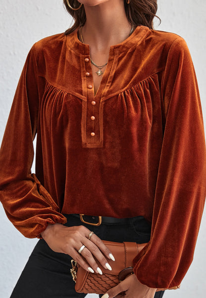 Notched Long Sleeve Velvet Top