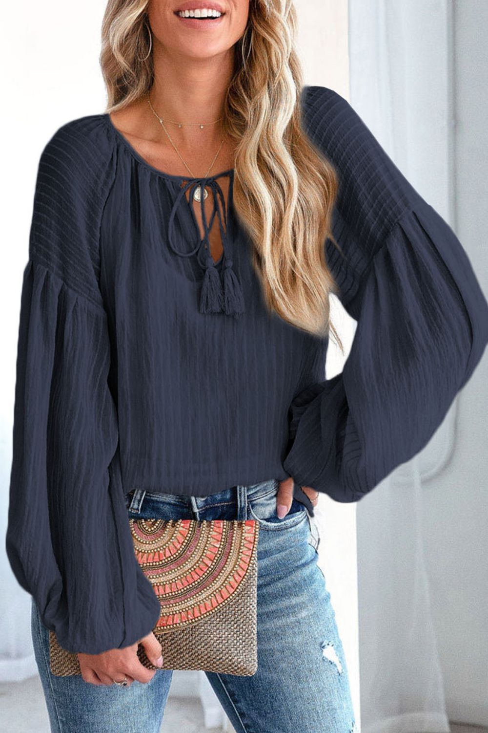 Tie Neck Dropped Shoulder Blouse